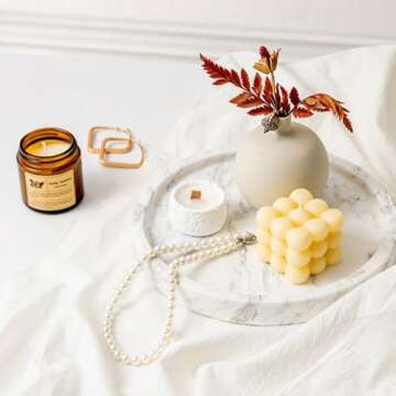 WORHE Natural Marble Decorative Tray for Bathroom Bedroom Kitchen Dresser, Round Vanity Trays for Je...