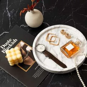 WORHE Natural Marble Decorative Tray for Bathroom Bedroom Kitchen Dresser, Round Vanity Trays for Jewelry, Perfume, Cosmetic, Candle, Countertop Storage Organizer for Home Decor Color White (TP601)