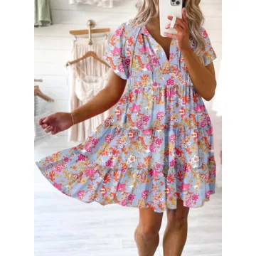 Dokotoo Summer Dresses for Women Ladies Short Sleeve Floral Sundresses for Women 2024 Casual Short Sleeve Swing A Line Boho Mini Dress Pink X-Large