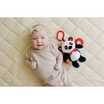 Genius Baby Toys Panda Soft Sensory Toy with Teething Ring for Baby, Attaches to Stroller, 8"