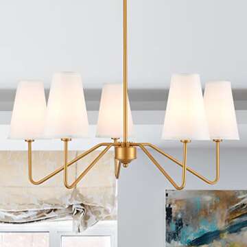 MhyTogn Modern Antique Brass Brush Paint Finish Chandelier, with Creamy-White Fabric Shade Pendant L...