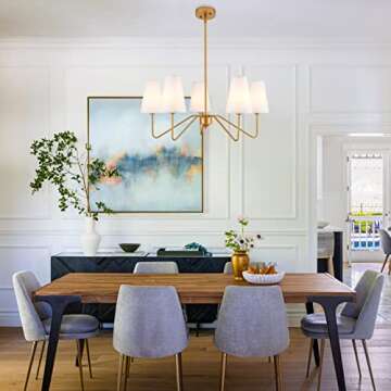 MhyTogn Modern Antique Brass Brush Paint Finish Chandelier, with Creamy-White Fabric Shade Pendant Lighting Fixture for Dining Room Living Room Kitchen Island Bedroom 5-Light