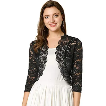 Allegra K Women's Elegant 3/4 Sleeve Sheer Floral Lace Shrug Top for Stylish Occasions