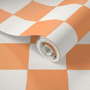 Peel & Stick Wallpaper Swatch - Retro Checkerboard Orange Summer Checkered Apricot Custom Removable Wallpaper by Spoonflower