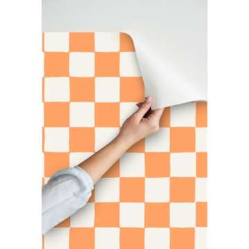 Peel & Stick Wallpaper Swatch - Retro Checkerboard Orange Summer Checkered Apricot Custom Removable Wallpaper by Spoonflower