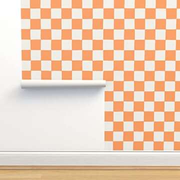 Peel & Stick Wallpaper Swatch - Retro Checkerboard Orange Summer Checkered Apricot Custom Removable Wallpaper by Spoonflower