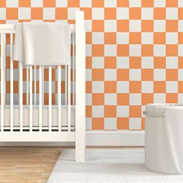 Peel & Stick Wallpaper Swatch - Retro Checkerboard Orange Summer Checkered Apricot Custom Removable Wallpaper by Spoonflower