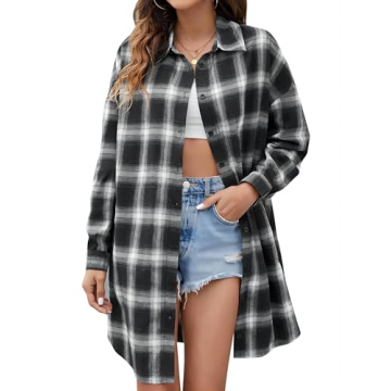 Blooming Jelly Women's Button Down Flannel Shirts Plaid Shacket Long Sleeve Collared Long Jacket Coa...