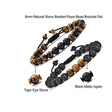 Bewoful Lava Rock Stone Bracelet for Men Tiger Eye Stretch Elastic 8mm Stress Relief Yoga Beads Brai...
