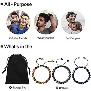 Bewoful Lava Rock Stone Bracelet for Men Tiger Eye Stretch Elastic 8mm Stress Relief Yoga Beads Braided Rope Bracelets Anxiety Aromatherapy Essential Oil Diffuser Healing Women (Set D（2pcs）), DD03