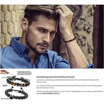 Bewoful Lava Rock Stone Bracelet for Men Tiger Eye Stretch Elastic 8mm Stress Relief Yoga Beads Braided Rope Bracelets Anxiety Aromatherapy Essential Oil Diffuser Healing Women (Set D（2pcs）), DD03