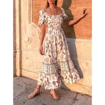 ZESICA Women's 2025 Summer Boho Floral Print Square Neck Ruffle Swing Dress - Ivory - Large