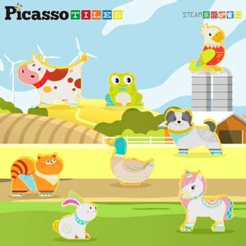 PicassoTiles Magnet Tile Building Blocks 8 Magnetic Farm Animal Action Figures Characters Construction Tiles Compatible Pretend Play Preschool Toy STEM Education Learning Girls Boys Ages 3+ PTA27