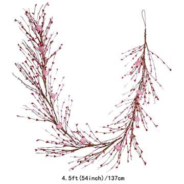 J'FLORU Pink Heart Decorations 4.5FT Pink Garland Heart Garlands with Pink Berries for Wedding Anniv...