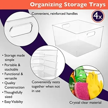 Clear Plastic Storage Bins XL 4 Pack for Kitchen Fridge Pantry