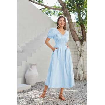 2024 Women's Summer V Neck Short Puff Sleeve Flowy Smocked A Line Maxi Cotton Dresses Light Blue M