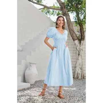 2024 Women's Summer V Neck Short Puff Sleeve Flowy Smocked A Line Maxi Cotton Dresses Light Blue M