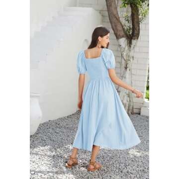 2024 Women's Summer V Neck Short Puff Sleeve Flowy Smocked A Line Maxi Cotton Dresses Light Blue M