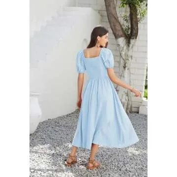 2024 Women's Summer V Neck Short Puff Sleeve Flowy Smocked A Line Maxi Cotton Dresses Light Blue M