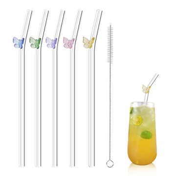 Olpchee 5 Pcs Reusable Glass Straws with Butterfly Design & Cleaning Brush