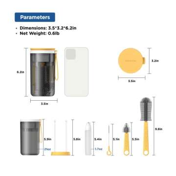 TechoEcho Travel Baby Bottle Brush Set with Extendable Liquid Silicone Bottle Brush，Nipple Brush，Built-in Bottle Drying Rack，Straw Cleaner Brush，Baby Bottle Soap Dispenser，Bottle Warmer (Yellow)