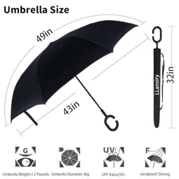 LLanxiry Umbrella,Inverted Reverse Upside Down Umbrellas with C-Shaped Handle, Anti-UV Waterproof Ra...