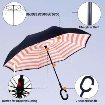 LLanxiry Umbrella,Inverted Reverse Upside Down Umbrellas with C-Shaped Handle, Anti-UV Waterproof Rain Umbrella for Women and Men (pink strip)