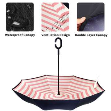 LLanxiry Umbrella,Inverted Reverse Upside Down Umbrellas with C-Shaped Handle, Anti-UV Waterproof Rain Umbrella for Women and Men (pink strip)