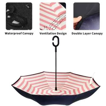 LLanxiry Umbrella,Inverted Reverse Upside Down Umbrellas with C-Shaped Handle, Anti-UV Waterproof Rain Umbrella for Women and Men (pink strip)