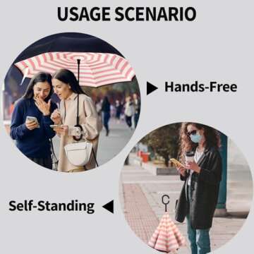 LLanxiry Umbrella,Inverted Reverse Upside Down Umbrellas with C-Shaped Handle, Anti-UV Waterproof Rain Umbrella for Women and Men (pink strip)