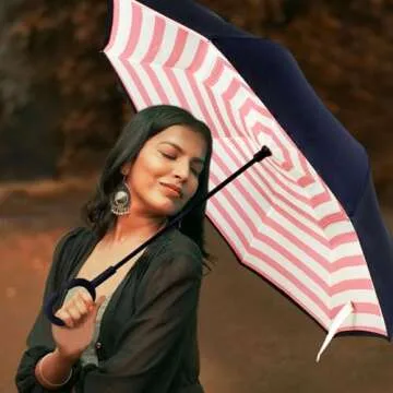 LLanxiry Umbrella,Inverted Reverse Upside Down Umbrellas with C-Shaped Handle, Anti-UV Waterproof Rain Umbrella for Women and Men (pink strip)