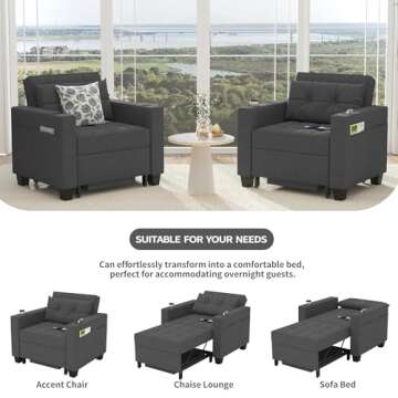 DURASPACE 39 inch Futon Chair Bed Convertible Chair 3-in-1 Pull Out Sleeper Reading Chair Beds with USB, Armchair Sleeper Bed for Living Room, Dorm, Small Space (Dark Gray Linen)