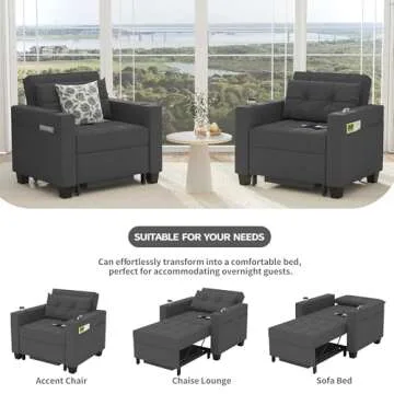 DURASPACE 39 inch Futon Chair Bed Convertible Chair 3-in-1 Pull Out Sleeper Reading Chair Beds with USB, Armchair Sleeper Bed for Living Room, Dorm, Small Space (Dark Gray Linen)