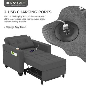 DURASPACE 39 inch Futon Chair Bed Convertible Chair 3-in-1 Pull Out Sleeper Reading Chair Beds with USB, Armchair Sleeper Bed for Living Room, Dorm, Small Space (Dark Gray Linen)