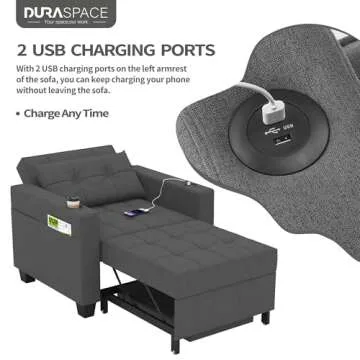 DURASPACE 39 inch Futon Chair Bed Convertible Chair 3-in-1 Pull Out Sleeper Reading Chair Beds with USB, Armchair Sleeper Bed for Living Room, Dorm, Small Space (Dark Gray Linen)
