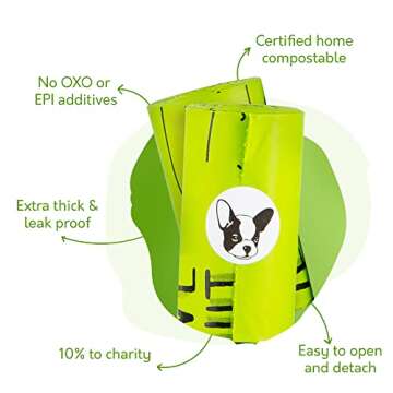 100% Certified Home Compostable Dog Poop Bags - 10% to Charity - ASTM D6400 & EN 13432 Compliant - 120 x Plant Based Compostable Poop Bags (8 Rolls)