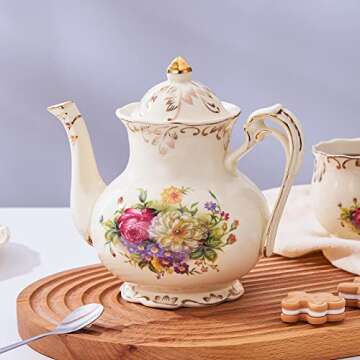 YOLIFE Flowering Shrubs Teapot, 29 oz (3-Cup) Ceramic Tea Pot, Ivory Vintage Floral with Gold leaves...