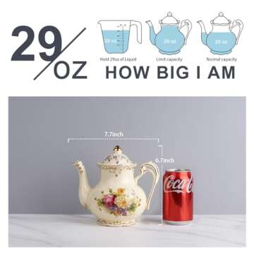 YOLIFE Flowering Shrubs Teapot, 29 oz (3-Cup) Ceramic Tea Pot, Ivory Vintage Floral with Gold leaves Trim, Gift for Women