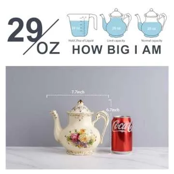 YOLIFE Flowering Shrubs Teapot, 29 oz (3-Cup) Ceramic Tea Pot, Ivory Vintage Floral with Gold leaves Trim, Gift for Women