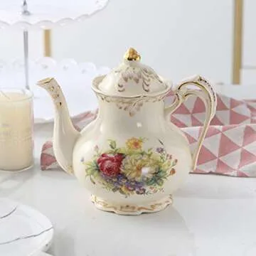 YOLIFE Flowering Shrubs Teapot, 29 oz (3-Cup) Ceramic Tea Pot, Ivory Vintage Floral with Gold leaves Trim, Gift for Women