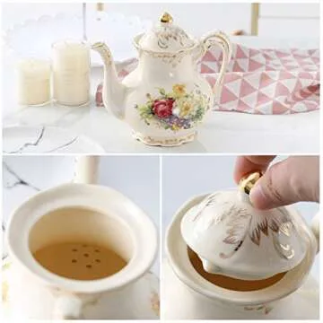YOLIFE Flowering Shrubs Teapot, 29 oz (3-Cup) Ceramic Tea Pot, Ivory Vintage Floral with Gold leaves Trim, Gift for Women