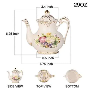 YOLIFE Flowering Shrubs Teapot, 29 oz (3-Cup) Ceramic Tea Pot, Ivory Vintage Floral with Gold leaves Trim, Gift for Women