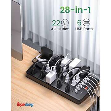 SUPERDANNY Power Strip Surge Protector with 22 Outlets & 6 USB Ports 6.5Ft Extension Cord Flat Plug
