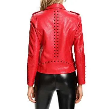 S P Y M Womens Faux Leather Jacket, Double Zip Up Coat, Moto Biker Outwear with Rivets, Regular and Plus Size
