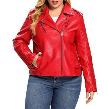 S P Y M Womens Faux Leather Jacket, Double Zip Up Coat, Moto Biker Outwear with Rivets, Regular and Plus Size