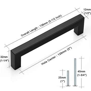 Probrico (30 Pack Black Cabinet Pulls Square Kitchen Cabinet Hardware 5 Inch(128mm) Hole Center Modern Drawer Handles Stainless Steel Matte Black Drawer Pulls for Cupboard