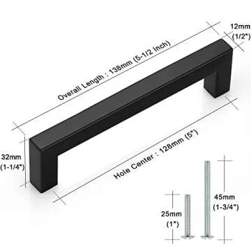 Probrico (30 Pack Black Cabinet Pulls Square Kitchen Cabinet Hardware 5 Inch(128mm) Hole Center Modern Drawer Handles Stainless Steel Matte Black Drawer Pulls for Cupboard