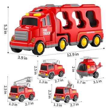 TEMI Fire Toys for 3 4 5 6 Years Old Boys Girls - 5 in 1 Carrier Truck Transport for Toddlers 1-3, F...