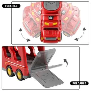 TEMI Fire Toys for 3 4 5 6 Years Old Boys Girls - 5 in 1 Carrier Truck Transport for Toddlers 1-3, Friction Powered Vehicles for Kids 3-5, Christmas Birthday Gifts - Age 3-9