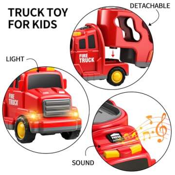 TEMI Fire Toys for 3 4 5 6 Years Old Boys Girls - 5 in 1 Carrier Truck Transport for Toddlers 1-3, Friction Powered Vehicles for Kids 3-5, Christmas Birthday Gifts - Age 3-9